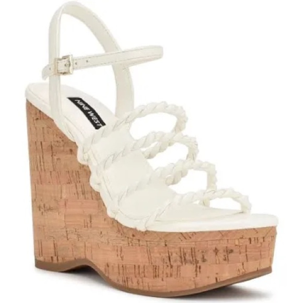 Nine west white platform strappy cork wedge heel sandals new in box 8.5 m